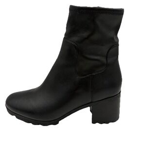 Vionic Ronan Black Leather Waterproof Ankle Boots Lug Sole Block Heel Womens 9‎